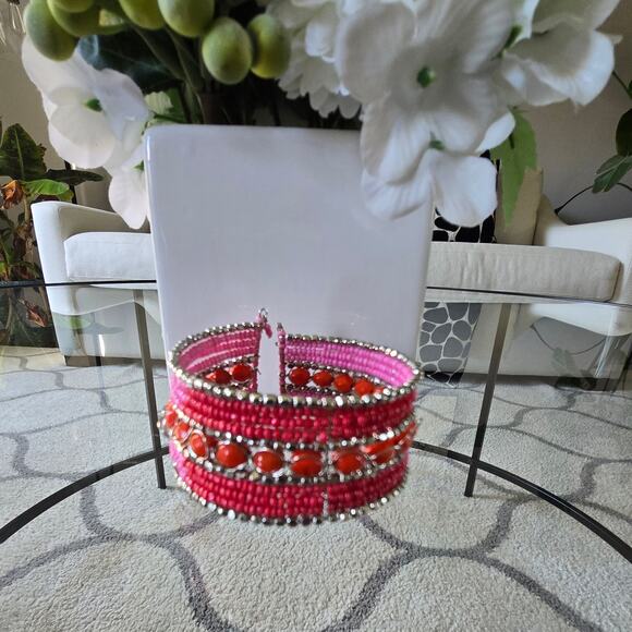 Chicos Pink Beaded Cuff Bracelet NWT - Picture 1 of 5